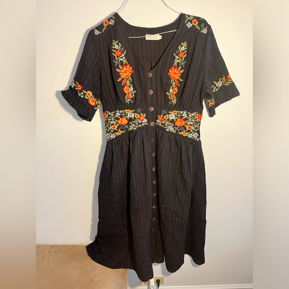 Embroidered Floral Black Roolee Dress